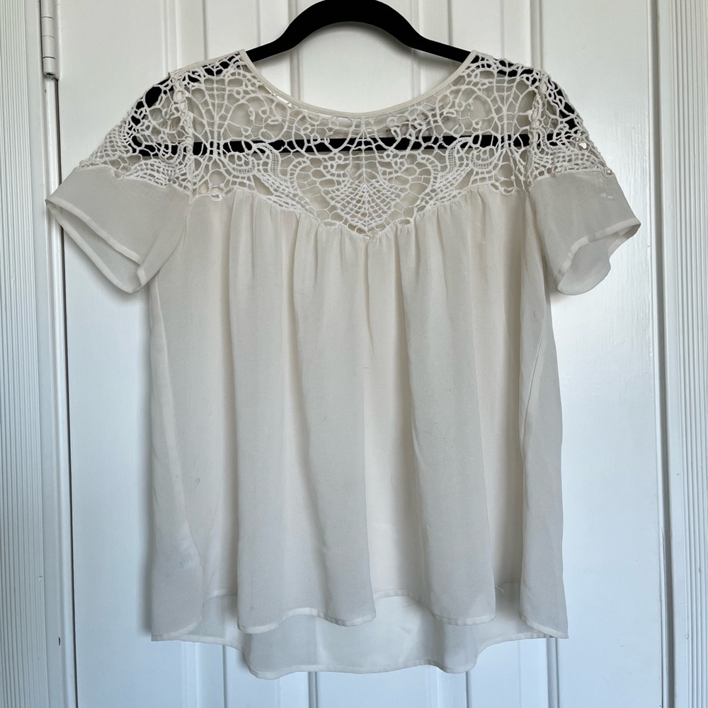 Ann Taylor Loft  Short Sleeve Crochet Yoke Blouse